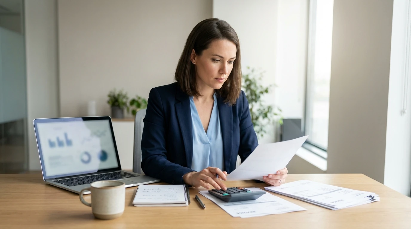 Emprendedora Revisando Documentos Y Calculadora En Su Mesa Mientras Trabaja En La Viabilidad Financiera De Una Franquicia
