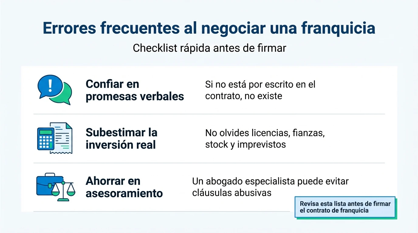 Infografía en formato checklist con errores habituales al negociar un contrato de franquicia.