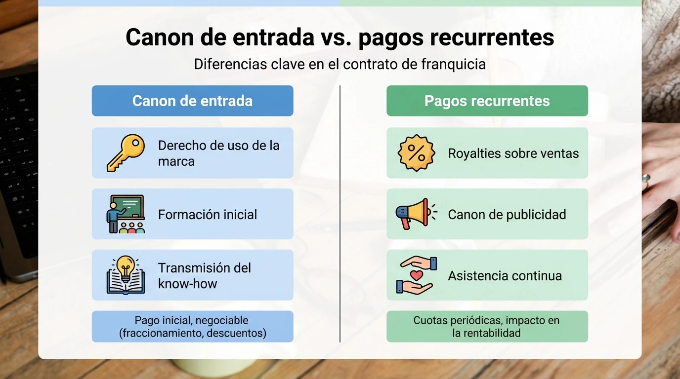 Infografía que compara el canon de entrada con los pagos recurrentes en un contrato de franquicia.