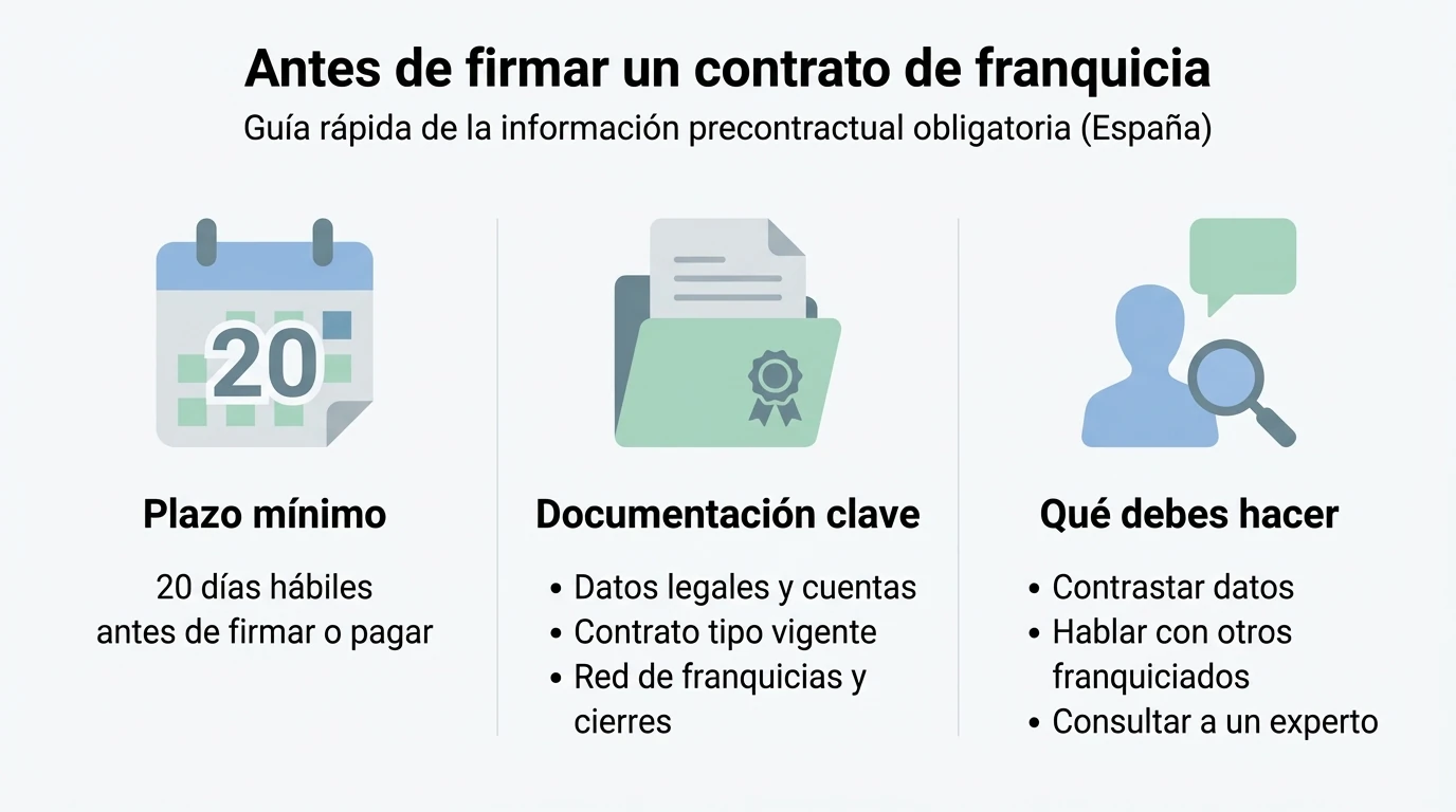 Infografía sobre la información precontractual imprescindible antes de firmar un contrato de franquicia en España.