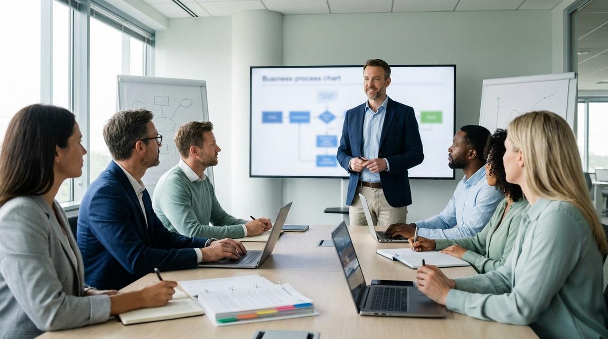 Consultor De Franquicia Impartiendo Formacion A Un Grupo De Emprendedores En Una Sala De Reuniones Luminosa
