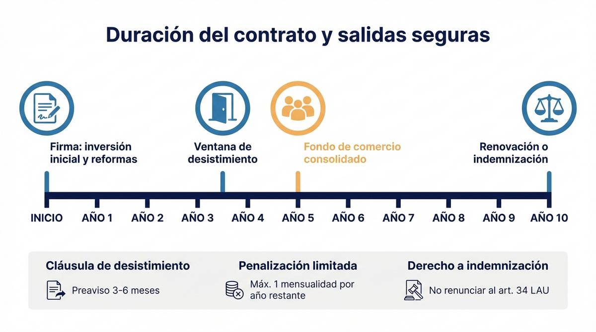 Diagrama de línea de tiempo sobre la duración del contrato de alquiler y las opciones de salida en una franquicia.