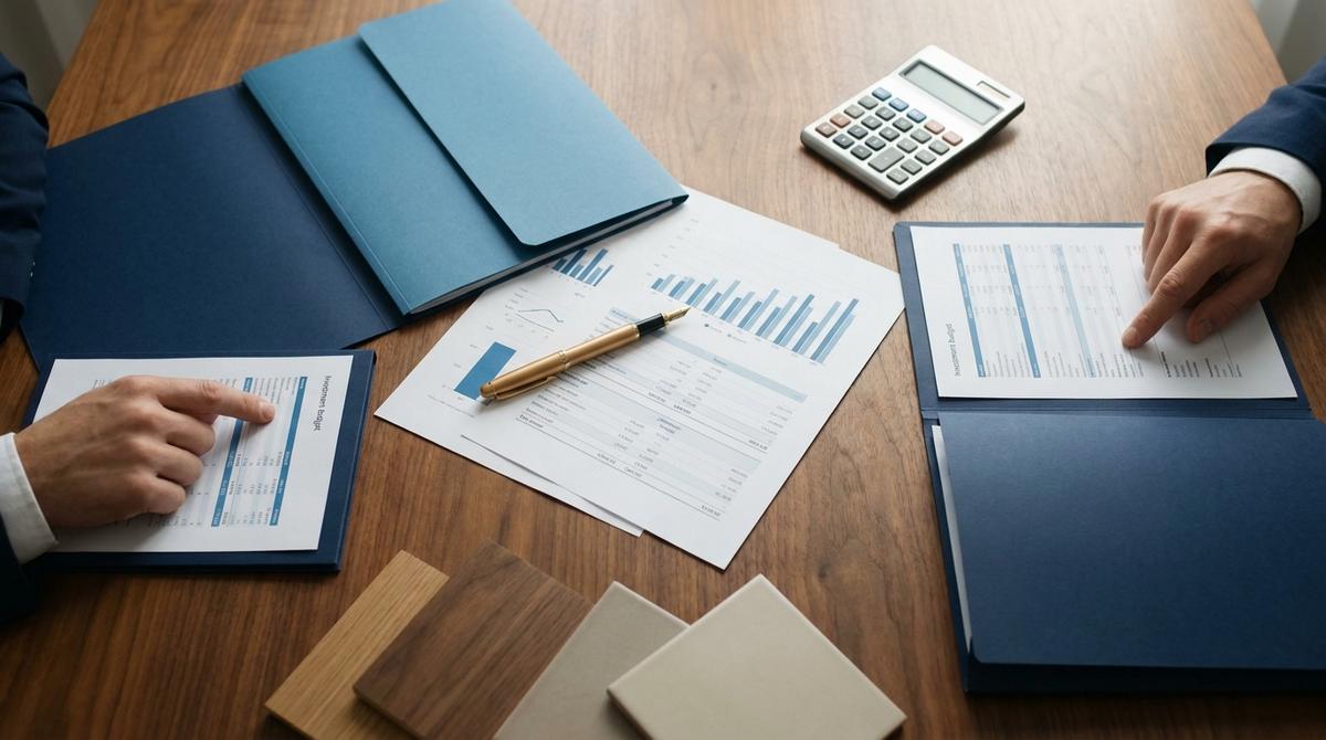 Detalle cenital de mesa ejecutiva con documentos de viabilidad económica y canon de franquicia