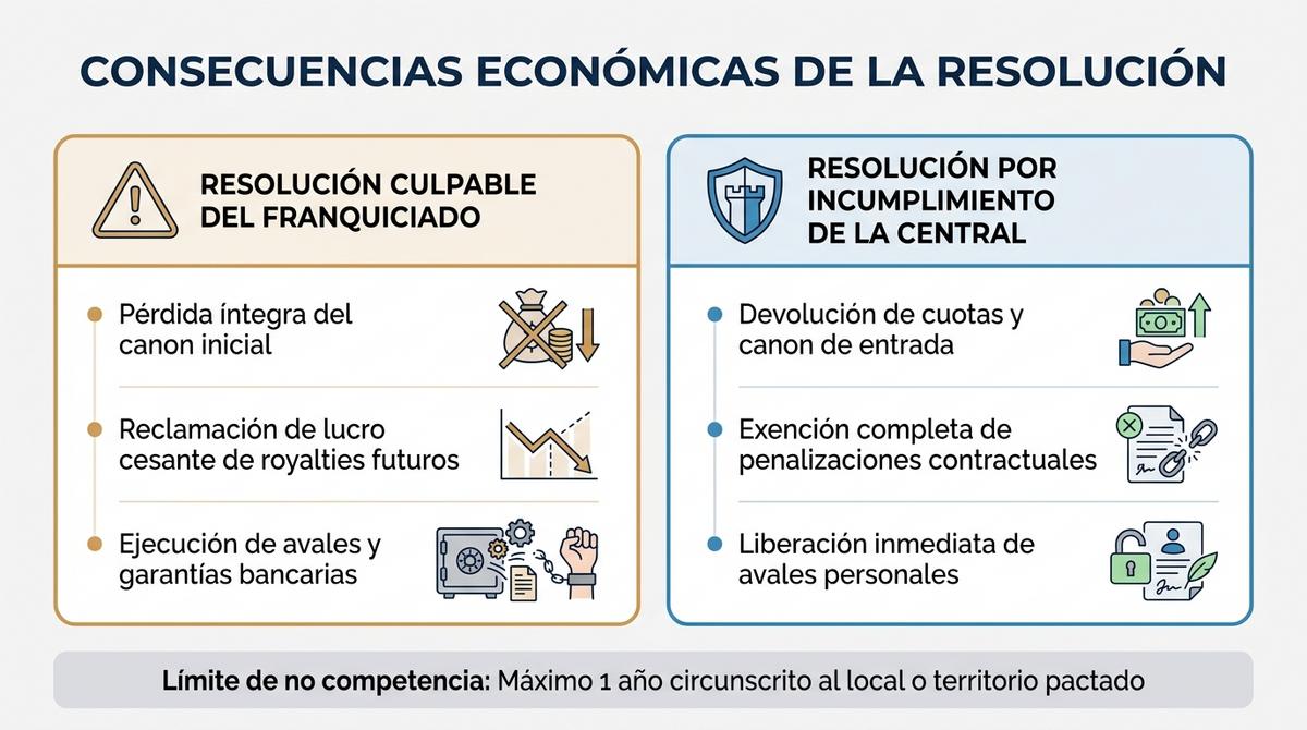 Comparativa de consecuencias patrimoniales y económicas al resolver un acuerdo de franquicia.