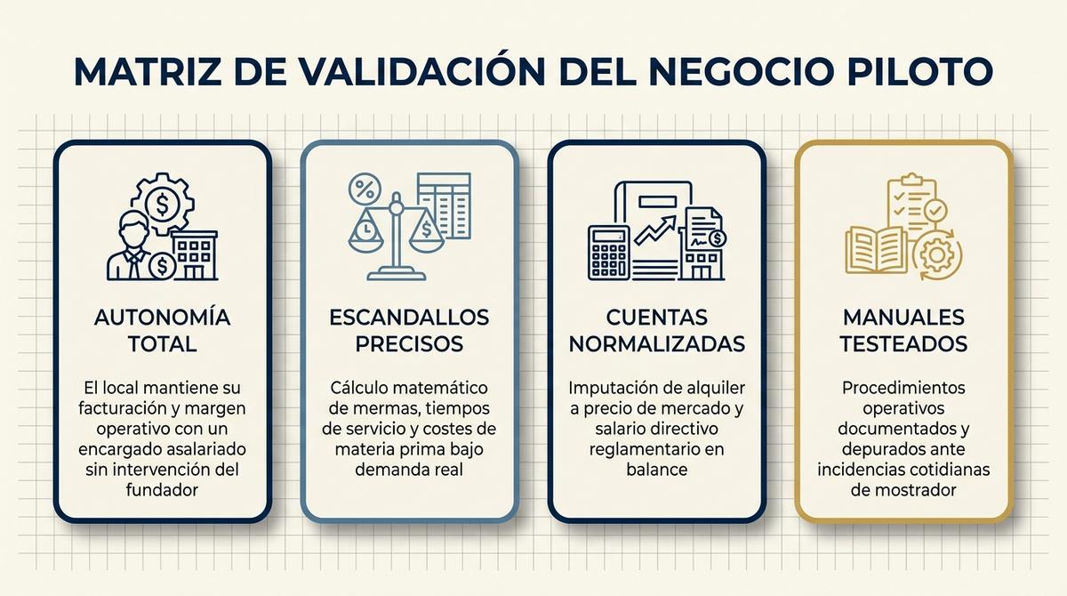 Infografía con los cuatro pilares esenciales para validar con éxito una unidad piloto de franquicia