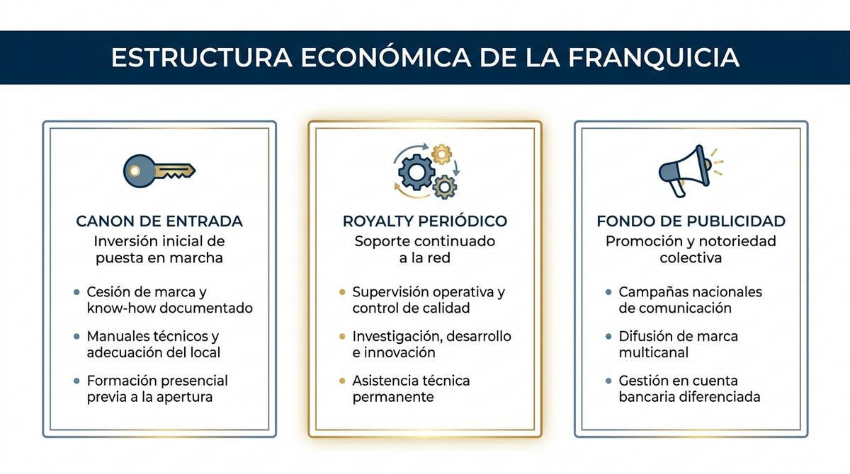 Infografía explicativa con el desglose de contraprestaciones económicas: canon de entrada, royalty periódico y fondo de publicidad.