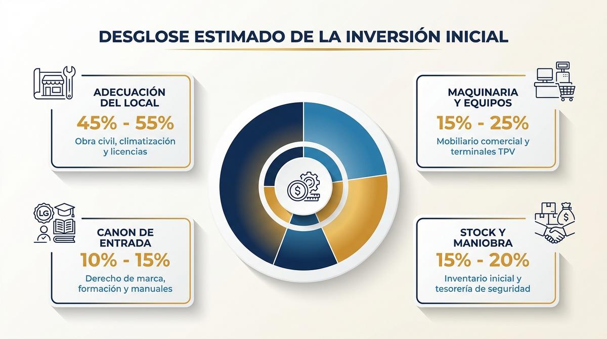 Infografía con el desglose porcentual de la inversión inicial para abrir una franquicia física