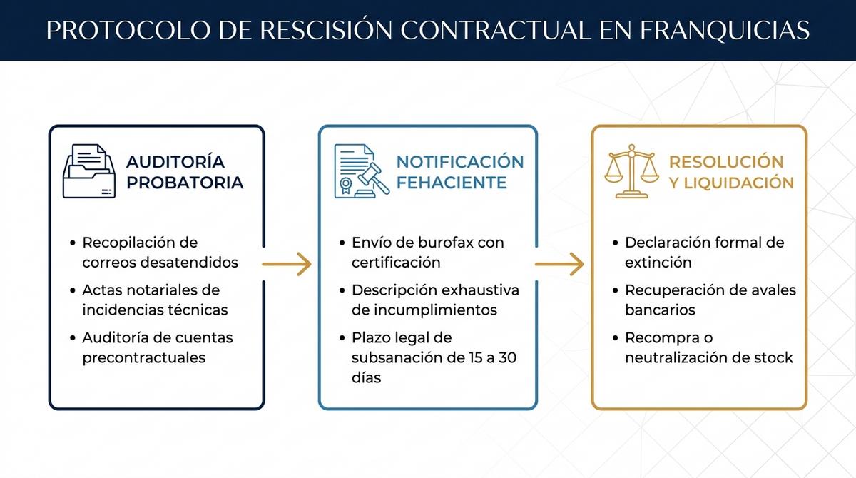 Diagrama secuencial del procedimiento formal y seguro para rescindir un contrato de franquicia.
