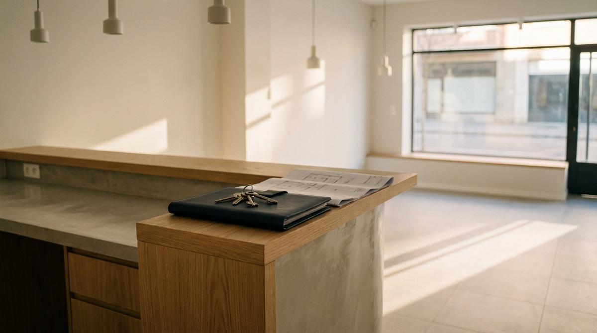 Detalle de un local comercial recién reformado con llaves y planos arquitectónicos sobre el mostrador listo para apertura