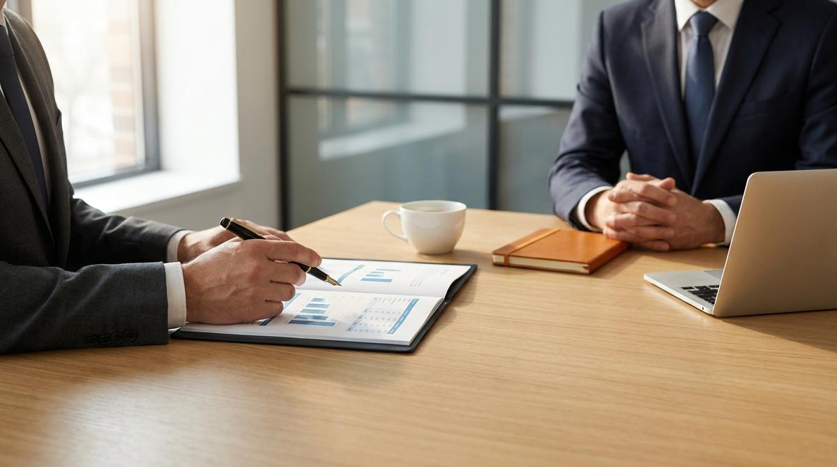 Primer plano de mesa de reuniones ejecutiva con dosier financiero y gráficos de rentabilidad para negociación en una franquicia.