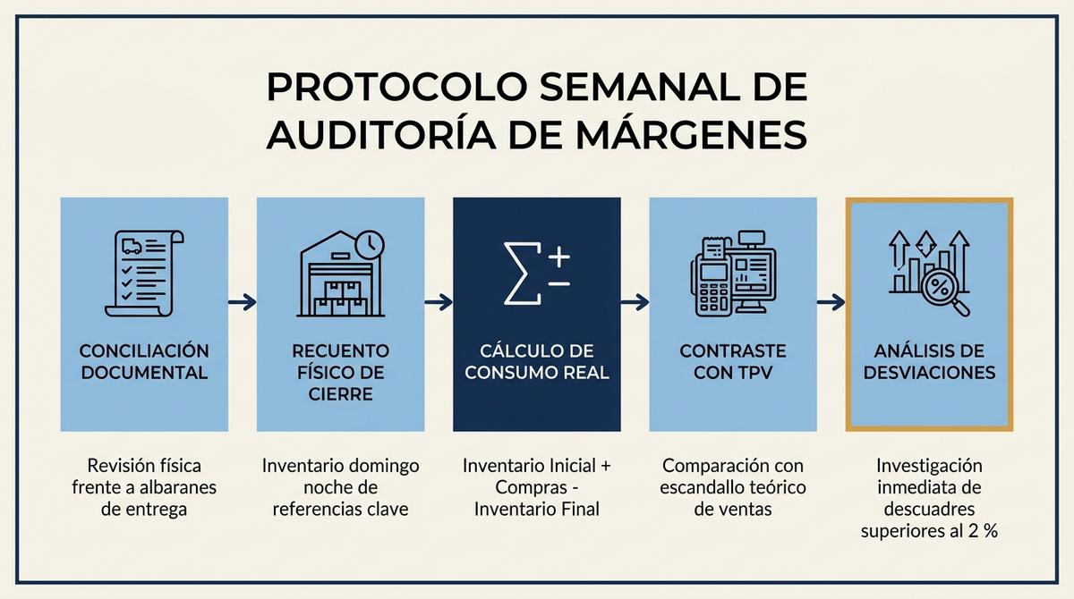Diagrama de flujo con el protocolo semanal de auditoría de inventario y escandallos para el control de márgenes en franquicias.