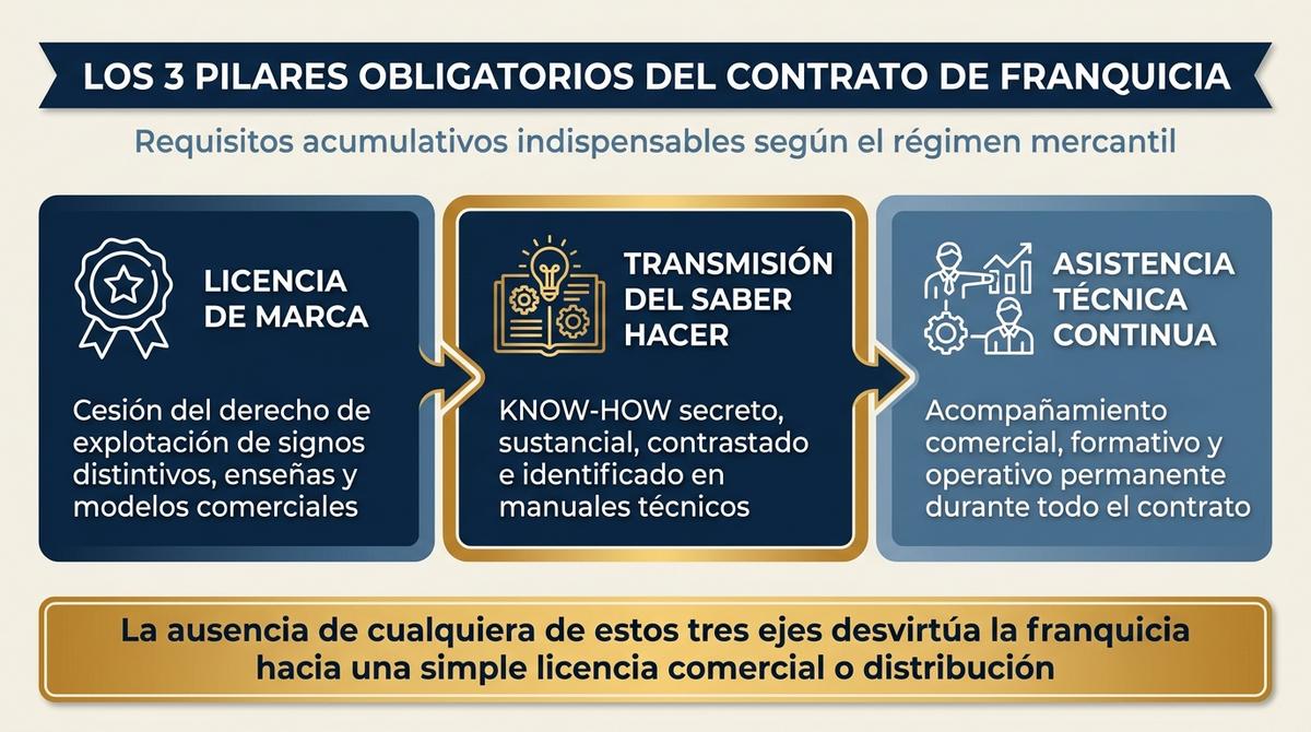 Infografía de los tres pilares esenciales del contrato de franquicia: cesión de marca, transmisión del saber hacer y asistencia continuada